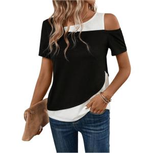 imageWomens Colorblock Asymmetrical Tops Cut Out Short Sleeve T Shirt Y2K Summer Tee TopsBlack and White