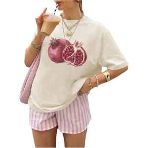 imageWomens Fruit Print Graphic T Shirts Crew Neck Short Sleeve Summer Tee Tops Trendy Cute TopsApricot