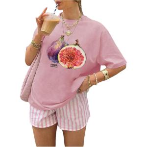 imageWomens Fruit Print Graphic T Shirts Crew Neck Short Sleeve Summer Tee Tops Trendy Cute TopsGraphic Pink