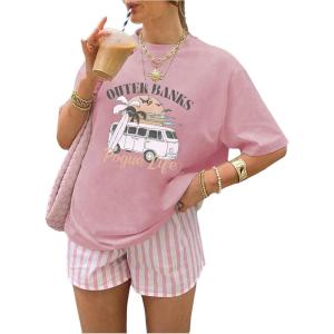 imageWomens Fruit Print Graphic T Shirts Crew Neck Short Sleeve Summer Tee Tops Trendy Cute TopsWhite Pink