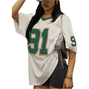 imageWomens Jersey Oversized Graphic Y2K T Shirts Number Print V Neck Drop Shoulder Streetwear Tee TopsGreen