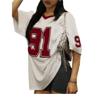 imageWomens Jersey Oversized Graphic Y2K T Shirts Number Print V Neck Drop Shoulder Streetwear Tee TopsRed