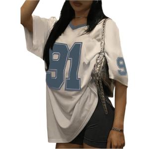 imageWomens Jersey Oversized Graphic Y2K T Shirts Number Print V Neck Drop Shoulder Streetwear Tee TopsWhite