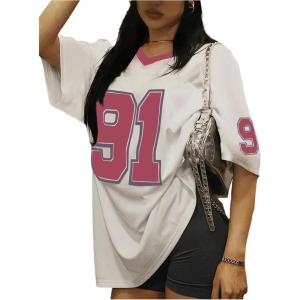 imageWomens Jersey Oversized Graphic Y2K T Shirts Number Print V Neck Drop Shoulder Streetwear Tee TopsWhite and Pink