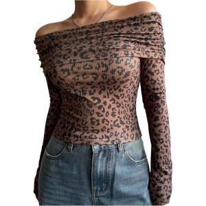 imageWomens Leopard Off The Shoulder T Shirt Long Sleeve Slim Fit Cheetah Y2K Tee Going Out TopsCoffee Brown