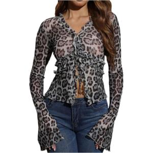 imageWomens Leopard Sheer Tops Bell Sleeve Tie Front V Neck T Shirt Vintage Party Y2K Clothes Going Out TopGrey