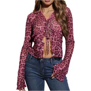 imageWomens Leopard Sheer Tops Bell Sleeve Tie Front V Neck T Shirt Vintage Party Y2K Clothes Going Out TopPink