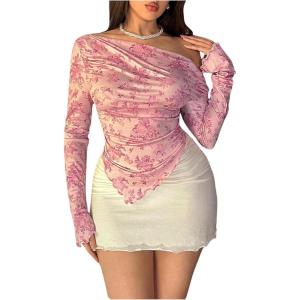 imageWomens Off Shoulder Tie Dye Mesh T Shirt Long Sleeve Asymmetrical Hem Ruched Fitted Tee TopsFloral Pink