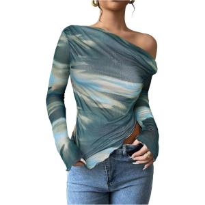 imageWomens Off Shoulder Tie Dye Mesh T Shirt Long Sleeve Asymmetrical Hem Ruched Fitted Tee TopsGreen