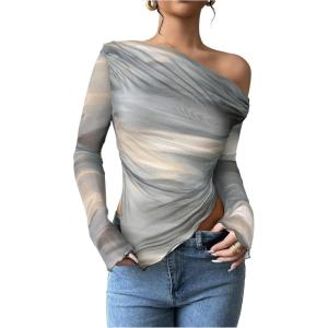 imageWomens Off Shoulder Tie Dye Mesh T Shirt Long Sleeve Asymmetrical Hem Ruched Fitted Tee TopsLight Blue