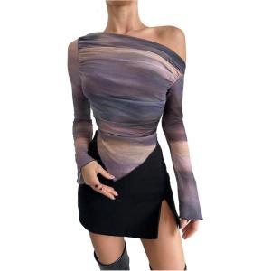 imageWomens Off Shoulder Tie Dye Mesh T Shirt Long Sleeve Asymmetrical Hem Ruched Fitted Tee TopsLight Purple