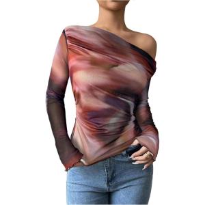 imageWomens Off Shoulder Tie Dye Mesh T Shirt Long Sleeve Asymmetrical Hem Ruched Fitted Tee TopsMix Red