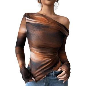 imageWomens Off Shoulder Tie Dye Mesh T Shirt Long Sleeve Asymmetrical Hem Ruched Fitted Tee TopsMulticolor