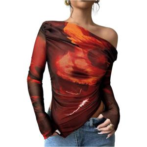 imageWomens Off Shoulder Tie Dye Mesh T Shirt Long Sleeve Asymmetrical Hem Ruched Fitted Tee TopsOrange and Black