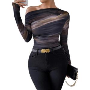 imageWomens Off Shoulder Tie Dye Ruched T Shirt Long Sleeve Slim Fit Going Out Tee TopsBrown