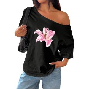 imageWomens Off The Shoulder Tops Floral Graphic Oversized Tshirts Shirts Y2k Summer Tops TrendyFloral Black