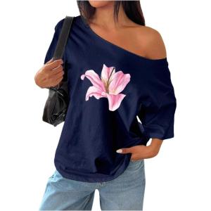 imageWomens Off The Shoulder Tops Floral Graphic Oversized Tshirts Shirts Y2k Summer Tops TrendyFloral Deep Blue