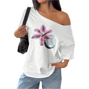 imageWomens Off The Shoulder Tops Floral Graphic Oversized Tshirts Shirts Y2k Summer Tops TrendyFlower White