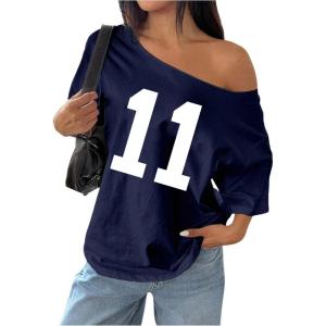 imageWomens Off The Shoulder Tops Floral Graphic Oversized Tshirts Shirts Y2k Summer Tops TrendyNumber Deep Blue