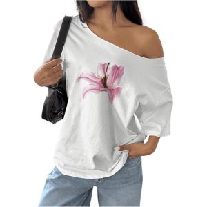 imageWomens Off The Shoulder Tops Floral Graphic Oversized Tshirts Shirts Y2k Summer Tops TrendyPink and White