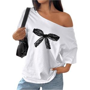 imageWomens Off The Shoulder Tops Floral Graphic Oversized Tshirts Shirts Y2k Summer Tops TrendyWhite Bow