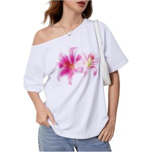 imageWomens Off The Shoulder Tops Floral Graphic Oversized Tshirts Shirts Y2k Summer Tops TrendyWhite Floral