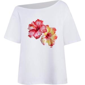 imageWomens Off The Shoulder Tops Floral Graphic Oversized Tshirts Shirts Y2k Summer Tops TrendyWhite Flower