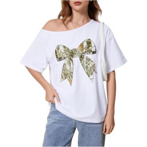 imageWomens Off The Shoulder Tops Floral Graphic Oversized Tshirts Shirts Y2k Summer Tops TrendyWhite Green Bow