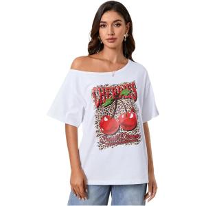 imageWomens Off The Shoulder Tops Floral Graphic Oversized Tshirts Shirts Y2k Summer Tops TrendyWhite Red