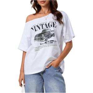 imageWomens Off The Shoulder Tops Floral Graphic Oversized Tshirts Shirts Y2k Summer Tops TrendyWhite With Black