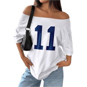 imageWomens Off The Shoulder Tops Floral Graphic Oversized Tshirts Shirts Y2k Summer Tops TrendyWhite and Blue