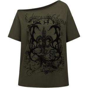 imageWomens Off The Shoulder Tops Graphic Goth Tee Y2k Vintage Asymmetrical Neck Oversized T ShirtsArmy Green