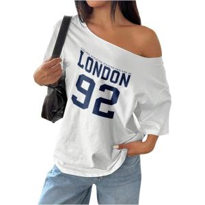 imageWomens Oversized Off The Shoulder Graphic Tees Letter Bow Print Short Sleeve T Shirt Y2K TopsBlue Number
