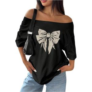 imageWomens Oversized Off The Shoulder Graphic Tees Letter Bow Print Short Sleeve T Shirt Y2K TopsBow Black