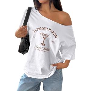 imageWomens Oversized Off The Shoulder Graphic Tees Letter Bow Print Short Sleeve T Shirt Y2K TopsBrown and White