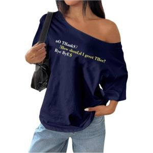 imageWomens Oversized Off The Shoulder Graphic Tees Letter Bow Print Short Sleeve T Shirt Y2K TopsDark Blue
