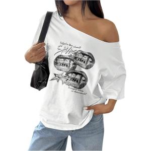 imageWomens Oversized Off The Shoulder Graphic Tees Letter Bow Print Short Sleeve T Shirt Y2K TopsMix White