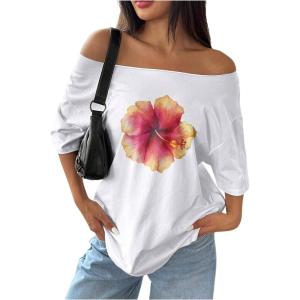 imageWomens Oversized Off The Shoulder Graphic Tees Letter Bow Print Short Sleeve T Shirt Y2K TopsOrange Flower