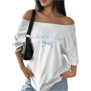 imageWomens Oversized Off The Shoulder Graphic Tees Letter Bow Print Short Sleeve T Shirt Y2K TopsWhite