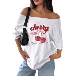 imageWomens Oversized Off The Shoulder Graphic Tees Letter Bow Print Short Sleeve T Shirt Y2K TopsWhite Graphic