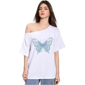 imageWomens Oversized Off The Shoulder Graphic Tees Letter Bow Print Short Sleeve T Shirt Y2K TopsWhite and Blue