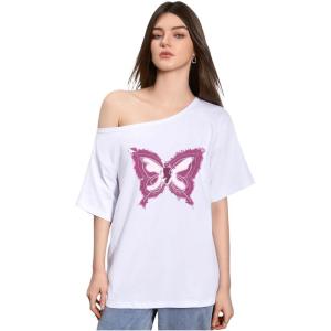 imageWomens Oversized Off The Shoulder Graphic Tees Letter Bow Print Short Sleeve T Shirt Y2K TopsWhite and Purple