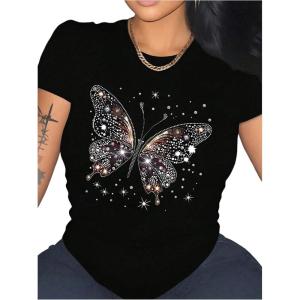 imageWomens Sequin Glitter Butterfly Graphic Tees Short Sleeve Crewneck T Shirt Casual Y2K TopsBlack Graphic