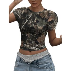 imageWomens Y2k Camo Maple Leaf Print Crop T Shirts Crew Neck Short Sleeve Slim Fit Tops Grunge Going OutBlack