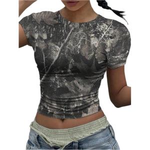 imageWomens Y2k Camo Maple Leaf Print Crop T Shirts Crew Neck Short Sleeve Slim Fit Tops Grunge Going OutDark Grey