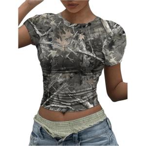 imageWomens Y2k Camo Maple Leaf Print Crop T Shirts Crew Neck Short Sleeve Slim Fit Tops Grunge Going OutGrey