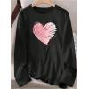 imageWomens Long Sleeve T Shirt Heart Print Crewneck Drop Shoulder Pullover Tops Vintage TeesBlack