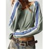 imageWomens Off The Shoulder Color Block Tee Tops Long Sleeve Loose Casual Fall T ShirtsGreen and Blue