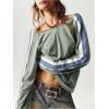 imageWomens Off The Shoulder Color Block Tee Tops Long Sleeve Loose Casual Fall T ShirtsGreen and Blue