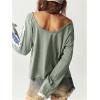 imageWomens Off The Shoulder Color Block Tee Tops Long Sleeve Loose Casual Fall T ShirtsGreen and Blue